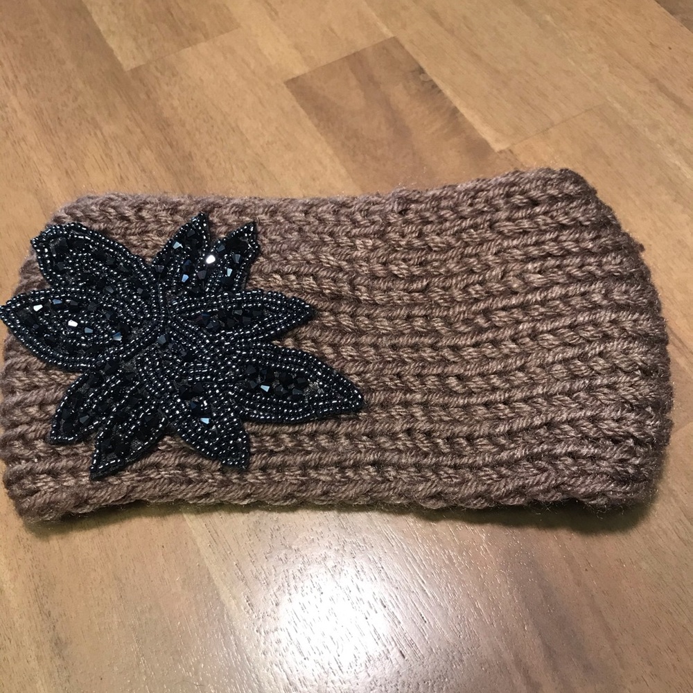 Tan Crocheted Head Band w/ Sequined Flower Design